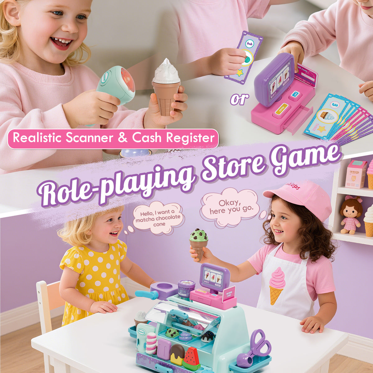 Ice Cream Toys, Toddler Girl Toys, Ice Cream Counter Shop Playset with Scoop and Serve, Pretend Play Toys for 3 4 5 6 Year Old Girls Boys