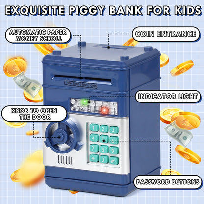 Piggy Bank for Kids Girls Boys, Large Electronic Money Saving Box with Password Protection, Automatic Paper Money Scroll - Blue