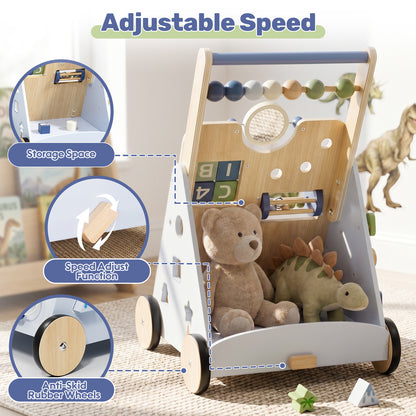 Baby Walker, Wooden Baby Push Walker with Activity Center, Push Walker Toys for Toddler Learning to Walk & Sit-to-Stand, Walking Toys for 1 Year Old