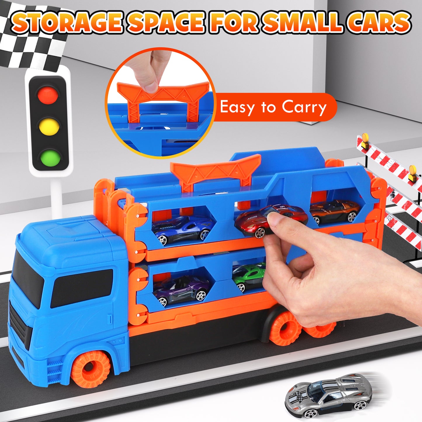 Toy Trucks Cars for Toddlers, Transport Truck Car Toys, Toddler Toys for 3 4 5 6 Years Old Boys, Carrier Truck Toy Cars for Toddlers with 6 Toy Racing Cars, 61" Race Track, Kids Toys for Boys Girls
