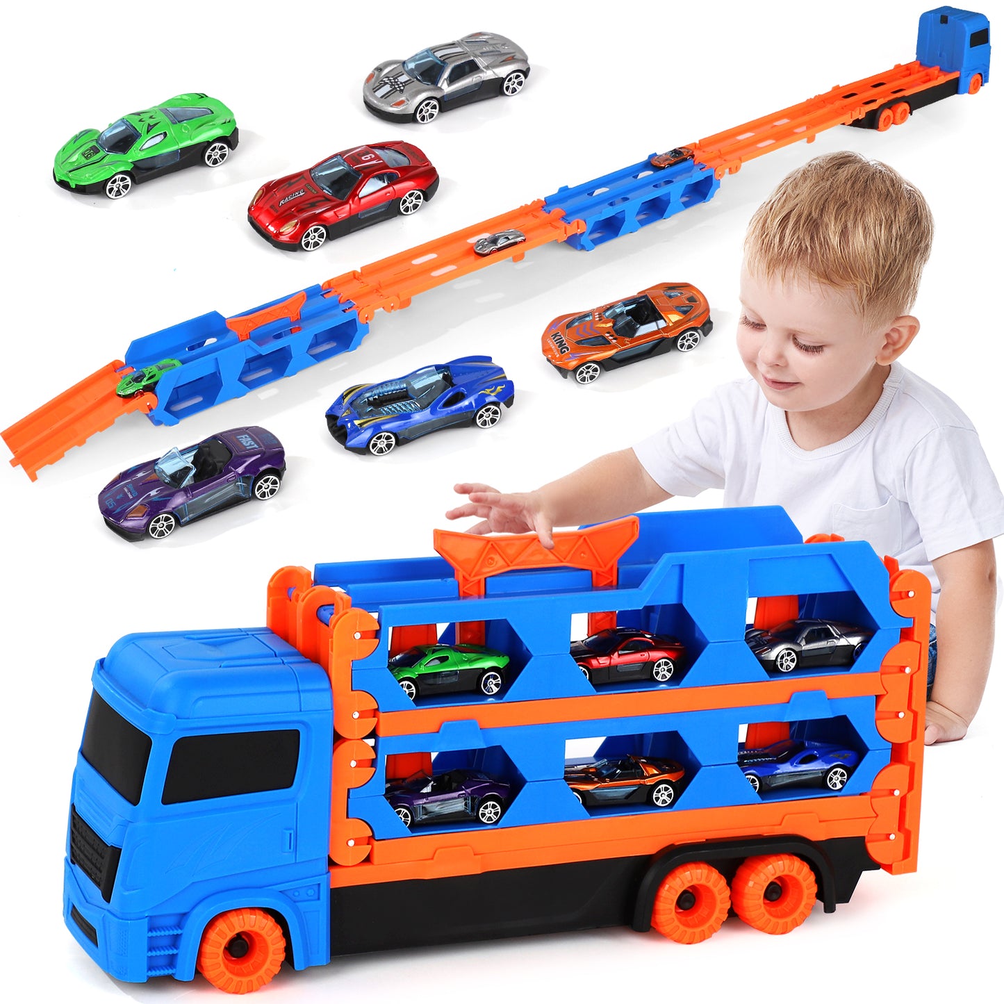 Toy Trucks Cars for Toddlers, Transport Truck Car Toys, Toddler Toys for 3 4 5 6 Years Old Boys, Carrier Truck Toy Cars for Toddlers with 6 Toy Racing Cars, 61" Race Track, Kids Toys for Boys Girls