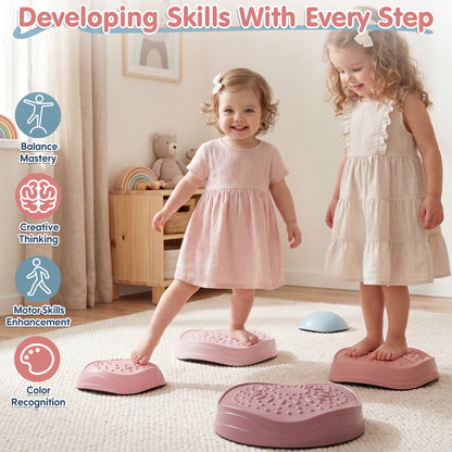 Stepping Stones for Kids, 5Pcs Non-Slip Balance Stepping Stones, Up to 220lbs, Coordination Skills Sensory Toys for Toddlers Ages 2 3 4 5+, Indoor and Outdoor Toys Lawn Games - Pink