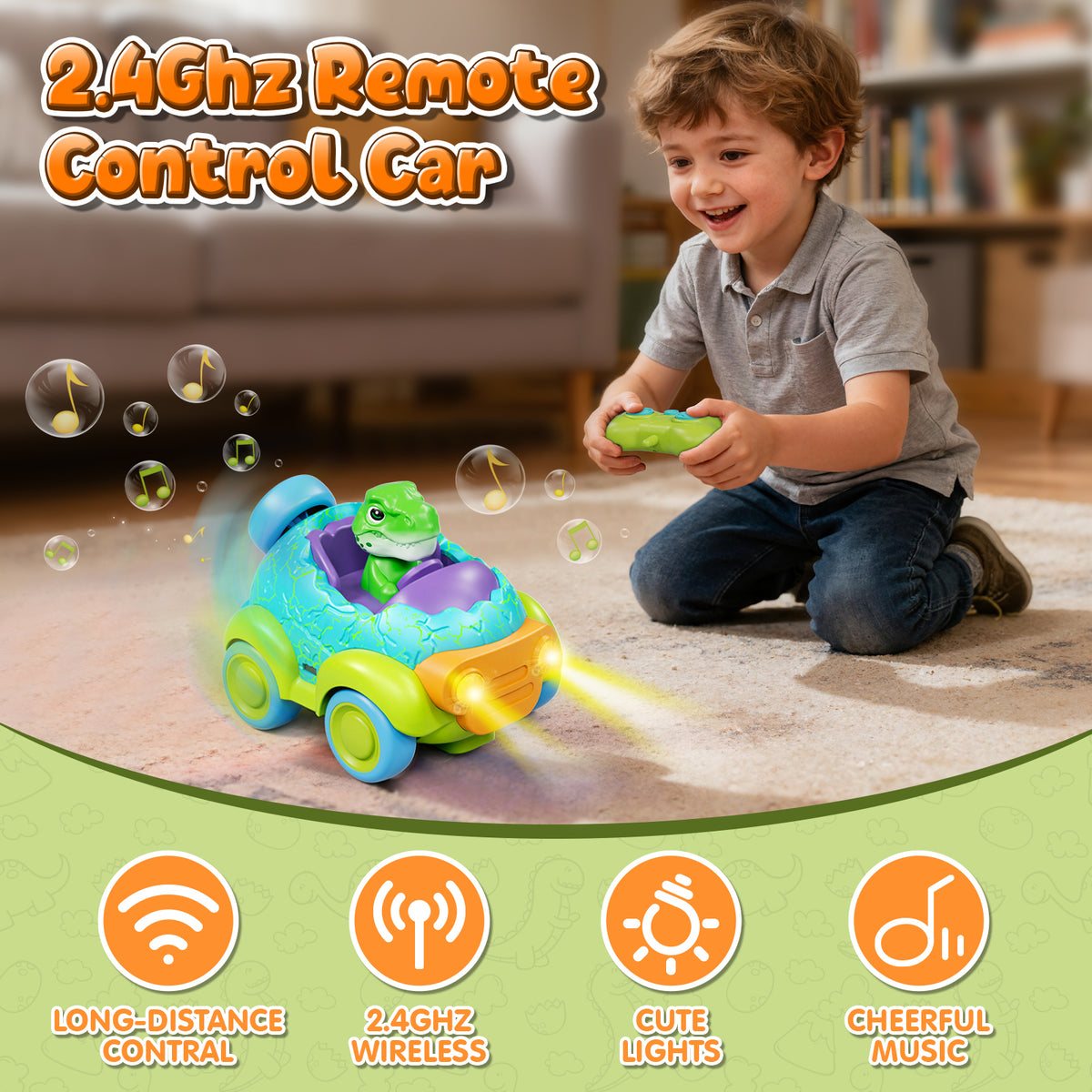 Remote Control Car for Toddlers, Rechargeable RC Car with Music & Light, Dinosaur Toy Cars for Toddlers, RC Car Toy for 2 3 4 Year Old Boys Girls Birthday Gift