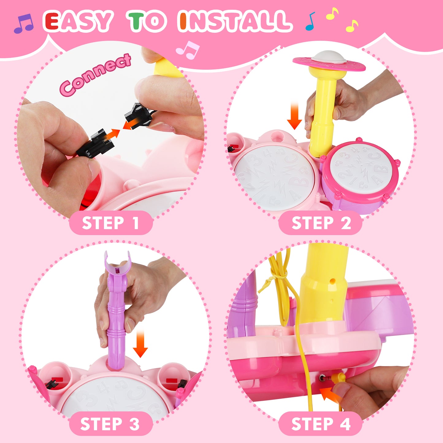 Kids Drum Set, Toddler Drum Set with 2 Drumsticks and Microphone, Kids Musical Toys, Baby Drum Set Toy for 1 2 3 Year Old Boys Girls - Pink