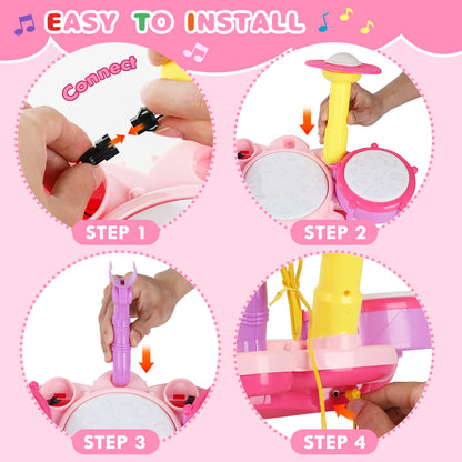 Kids Drum Set, Toddler Drum Set with 2 Drumsticks and Microphone, Kids Musical Toys, Baby Drum Set Toy for 1 2 3 Year Old Boys Girls - Pink