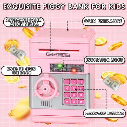 Piggy Bank for Kids Girls Boys, Large Electronic Money Saving Box with Password Protection, Automatic Paper Money Scroll - Pink
