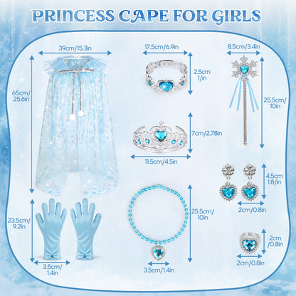 Princess Dress Up for Girls Ages 3-6, Blue Ice Princess Costume Set with Snowflake Cape, Gloves, Crown, Wand & Jewelry, Pretend Play Dress Up Clothes, Birthday Christmas Gifts for Toddler Girls
