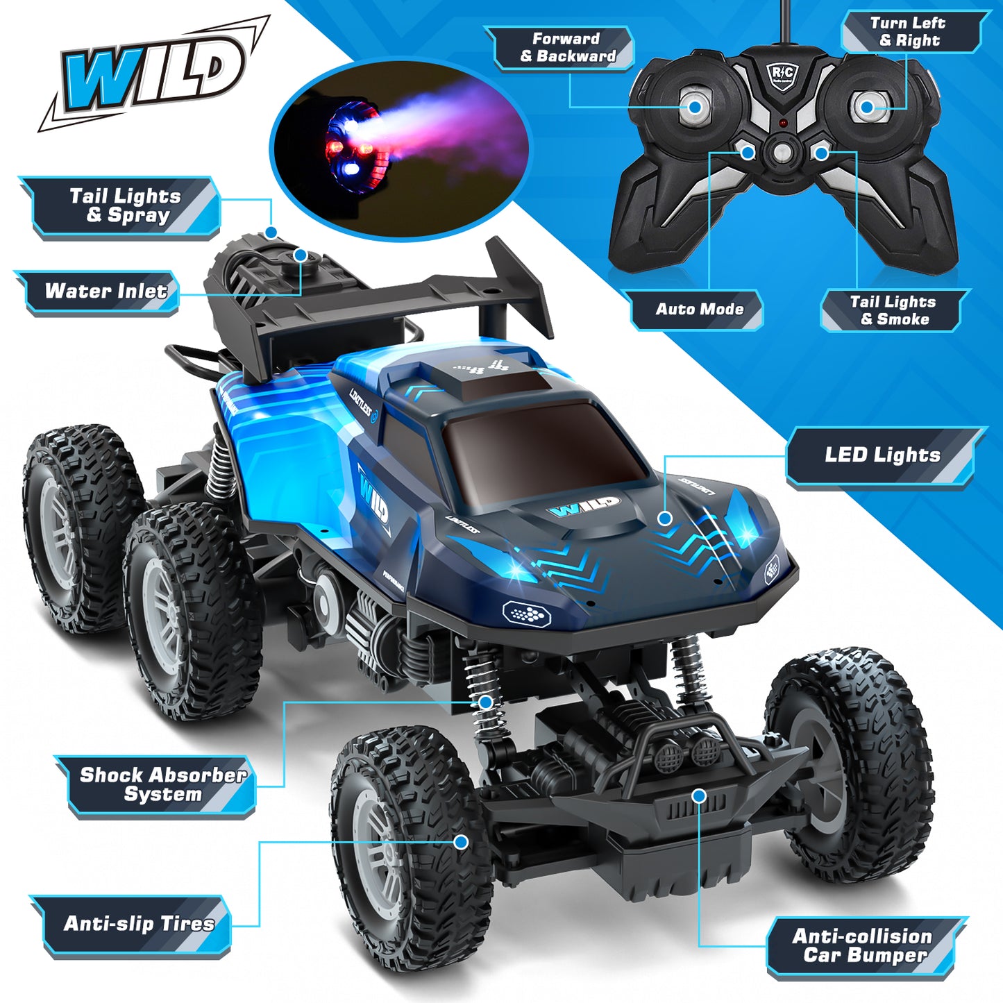 Remote Control Rc Truck, Remote Control Car, 1:16 Scale All Terrain Off-Road Monster Truck, Rc Cars with LED light & Spray Function, Toys for Boys 3 4 5 6 Years Old