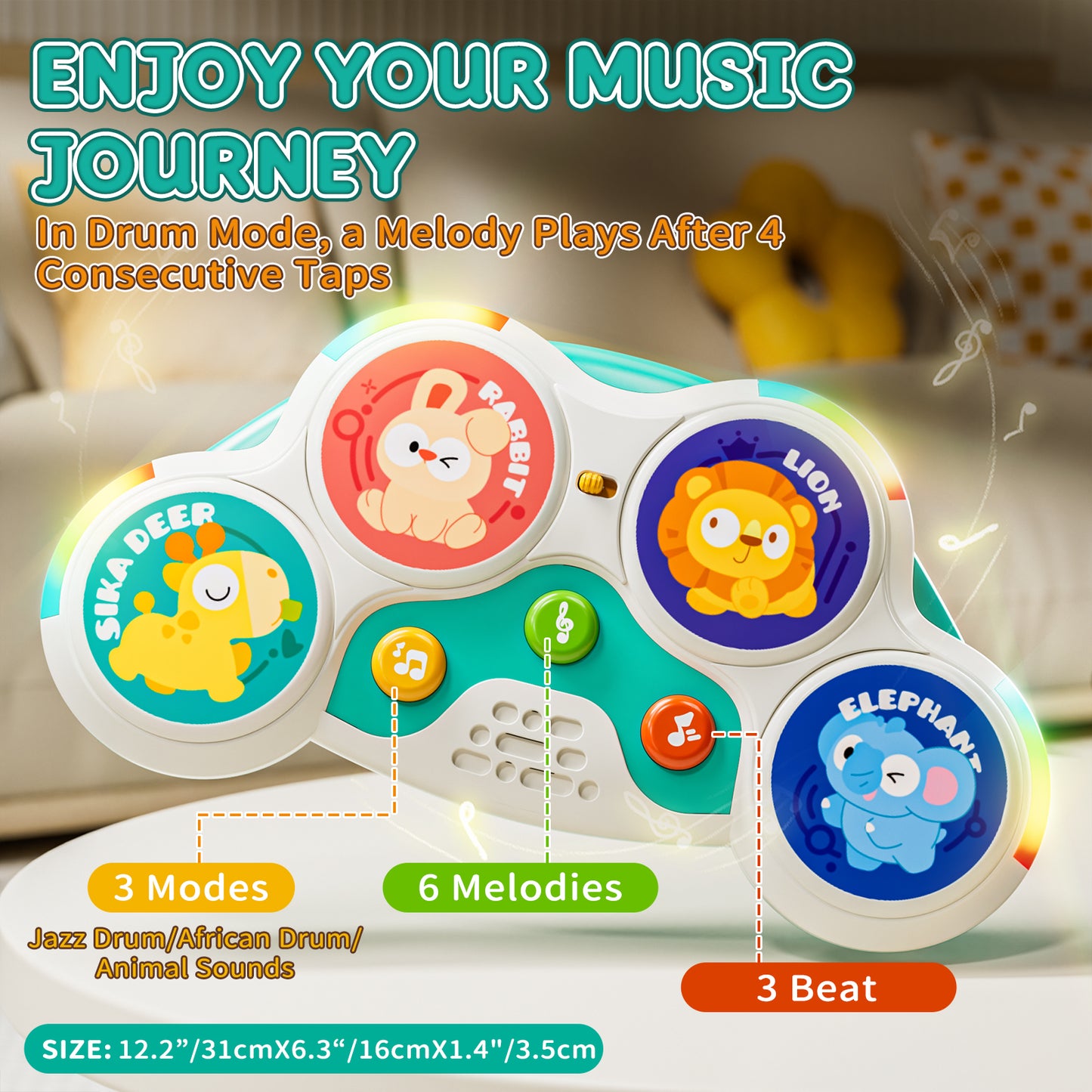 Kids Drum Set, Toys for 1 Year Old, Drum Sets for Kids 1 to 4, Animal Drum Set with Light & Music, Montessori Toy for 1 Year Old Boys Girls, Learning Educational Developmental Baby Toys 12-18 Mouth