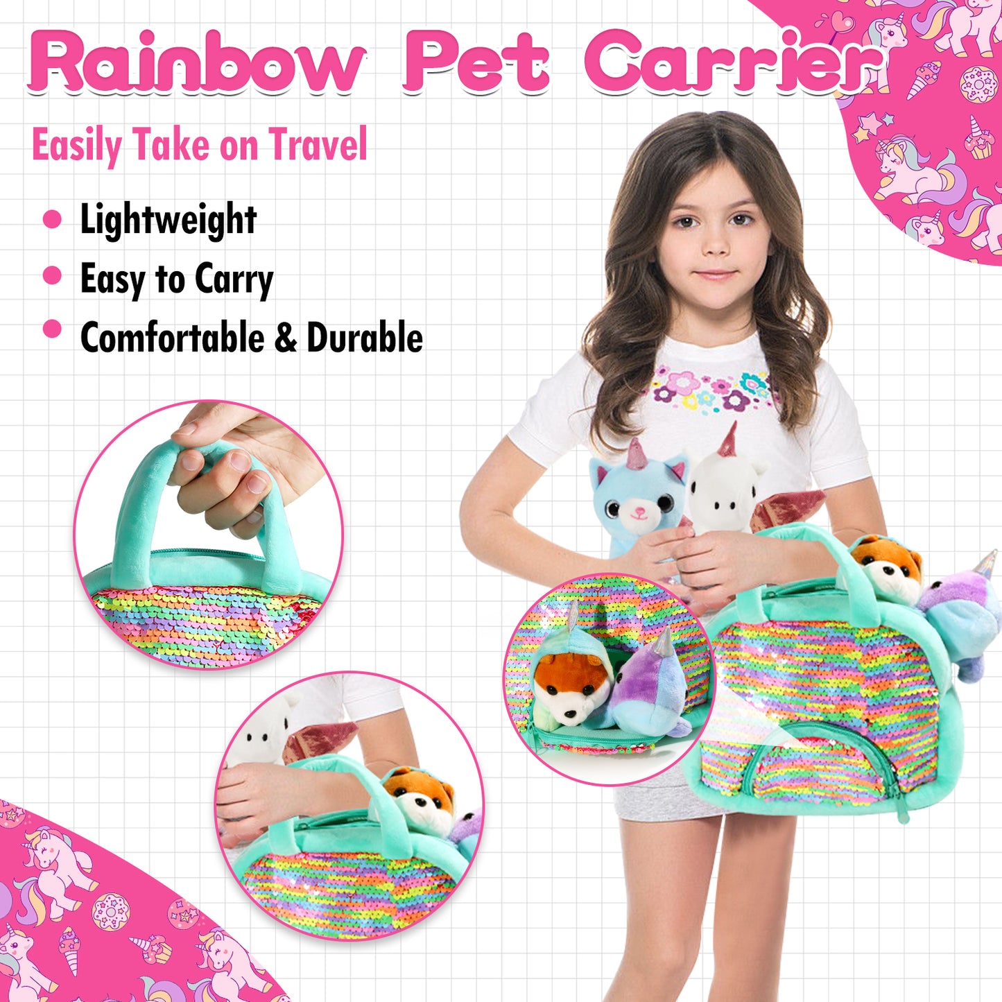 Unicorn Stuffed Animals for Girls Age 4-8, Unicorns Gifts for Girls, Unicorn Plush Toy, Set of 4 Stuffed Toy for Toddlers, with Squishies Rainbow Carry Bag