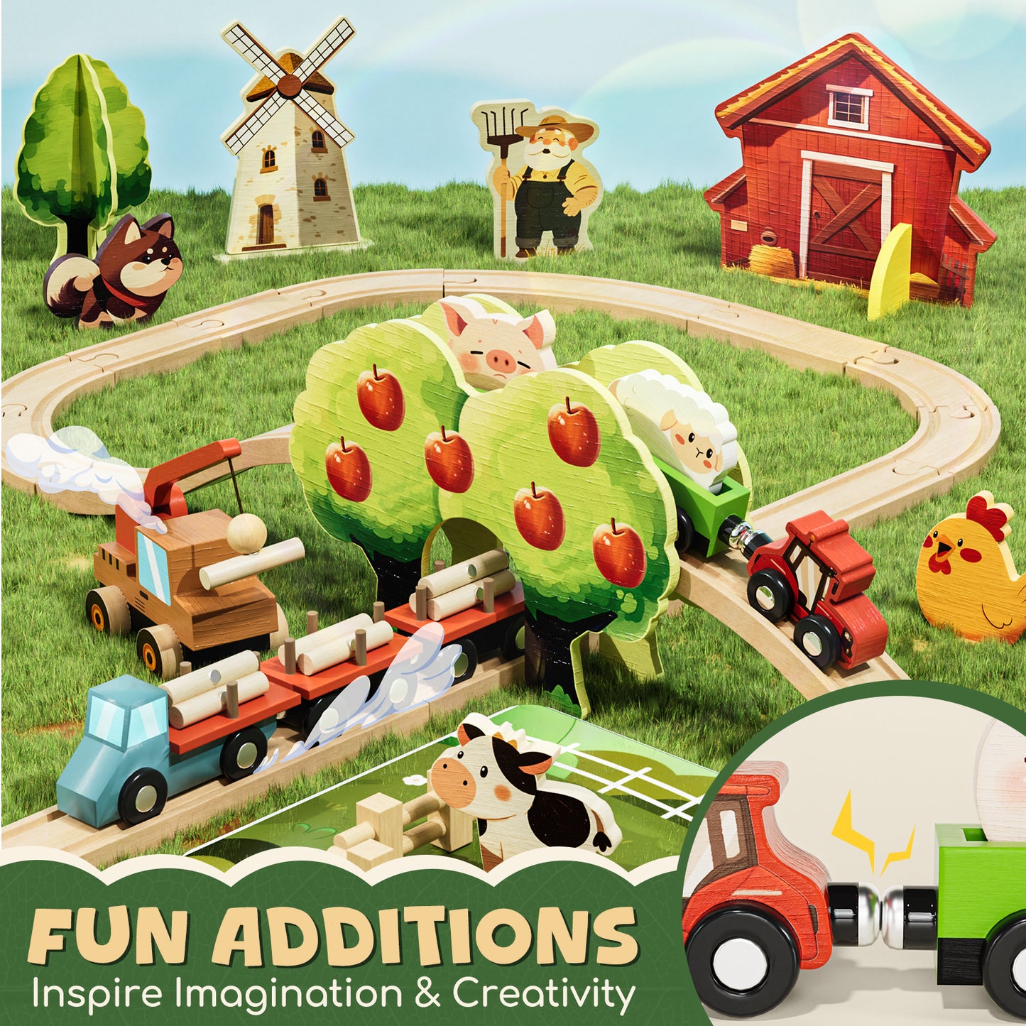Farm Animals Train Toy Set, 77PCS Wooden Train Track Toy Set with Farm Accessories, Wooden Train Set for Kids 3 4 5 Year Old, Best Birthday Gift for Kids