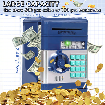 Piggy Bank for Kids Girls Boys, Large Electronic Money Saving Box with Password Protection, Automatic Paper Money Scroll - Blue