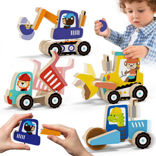 Toys for Boys 3 + Years Old, Construction Toys for Boys 3 6 Years, Construction Vehicle Take Apart Toys Cars For Toddlers, Wooden Cars Toys, Learning Educational Toys for Kids Birthday Gifts
