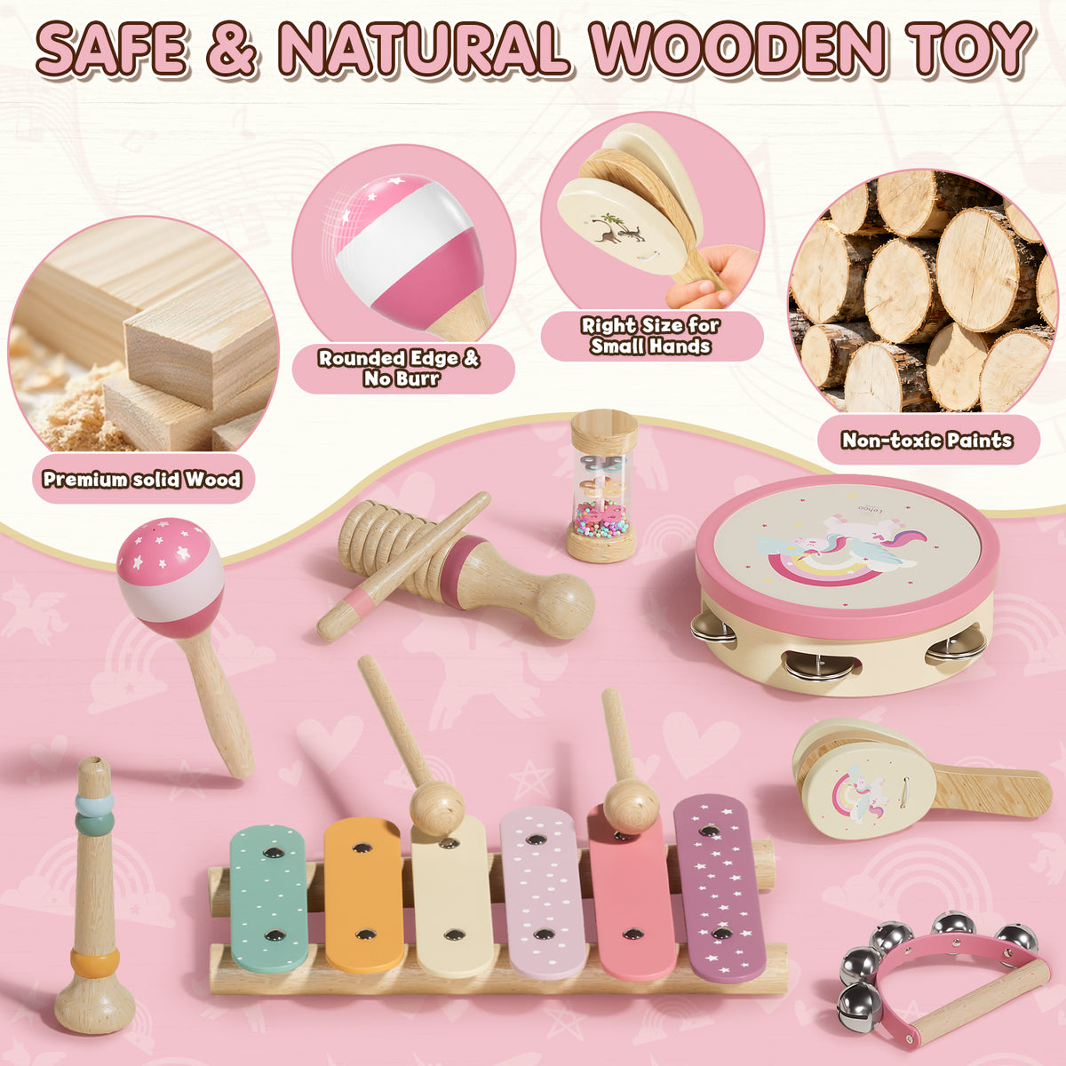 Musical Instruments for Kids, 1 Year Old Toys, Baby Musical Toys for 1 2 3 Toddler, Wooden Musical Toys with Xylophone & Tambourine, Unicorn Toys, Montessori Learning Toys for 1 Year Old