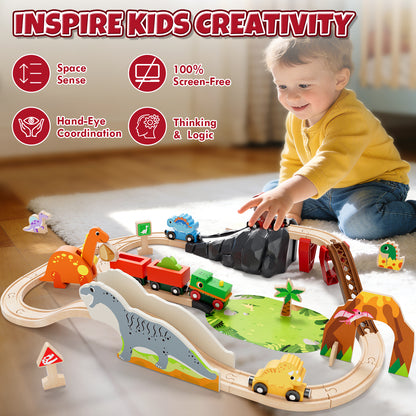 Train Set, Wooden Train Set for Kids Ages 4-8, Railway Track Toy Set with Locomotive, 3 Dinosaur Cars, Compatible with Other Brands