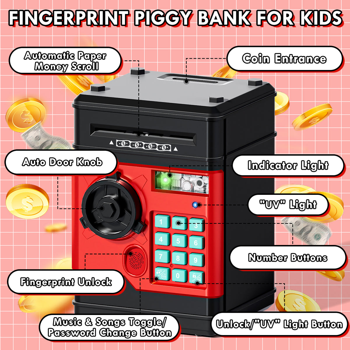 Piggy Banks for Kids, Fingerprint Recognition Electronic Money Saving Box with Password Protection, Automatic Paper Money Scroll - Red