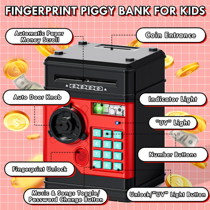 Piggy Banks for Kids, Fingerprint Recognition Electronic Money Saving Box with Password Protection, Automatic Paper Money Scroll - Red