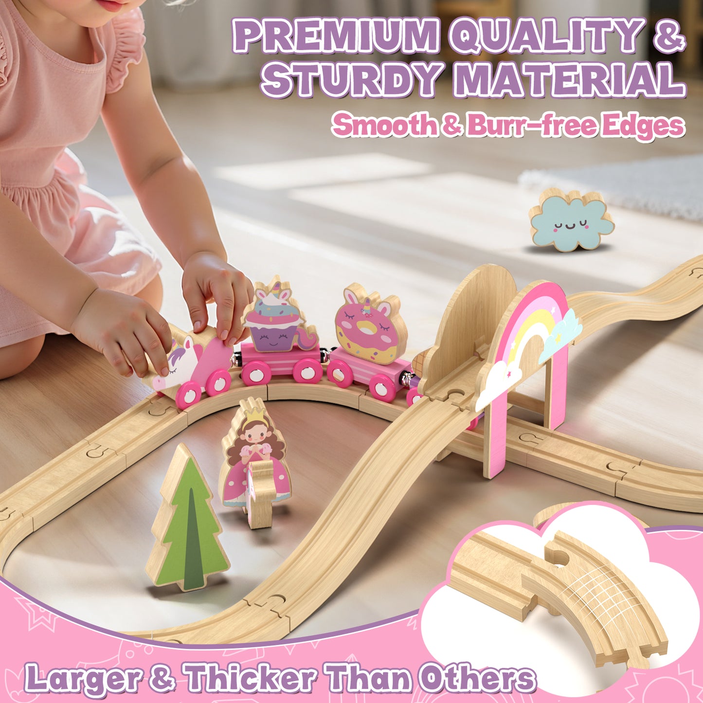 Train Set, 39 Pcs Wooden Train Set for Kids, Train Toy for Girls Boys 2 3 4 5 Year, Unicorn Train Track Set with 4 Magnetic trains & Accessories, Compatible with Other Brands