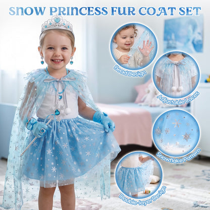 Princess Dress Up for Girls Ages 3-6, Blue Ice Princess Costume Set with Snowflake Cape, Gloves, Crown, Wand & Jewelry, Pretend Play Dress Up Clothes, Birthday Christmas Gifts for Toddler Girls