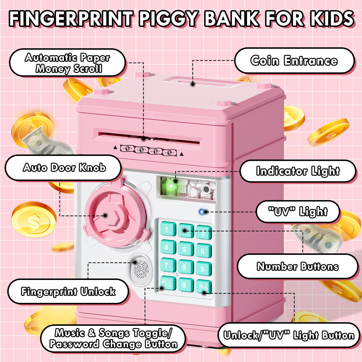 Piggy Banks for Kids, Fingerprint Recognition Electronic Money Saving Box with Password Protection, Automatic Paper Money Scroll - Pink