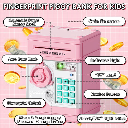 Piggy Banks for Kids, Fingerprint Recognition Electronic Money Saving Box with Password Protection, Automatic Paper Money Scroll - Pink