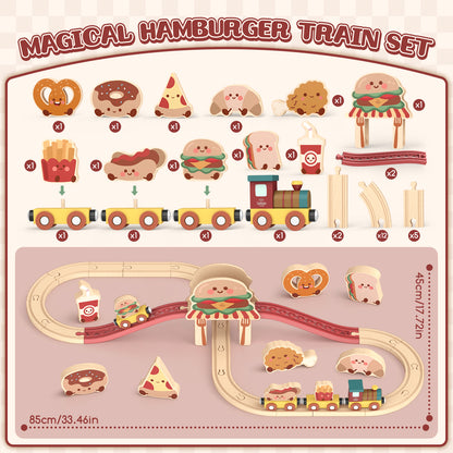 Train Set, Wooden Train Set for Kids, Wooden Train Toy for Girls Boys 2 3 4 5 Year, Train Set with Hamburger & Bread Accessories, Compatible with Other Brands