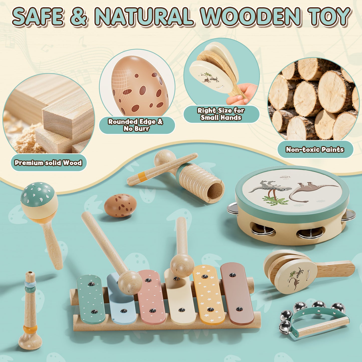 Musical Instruments for Kids, 1 Year Old Toys, Baby Musical Toys for 1 2 3 Toddler, Wooden Musical Toys with Xylophone & Tambourine, Dinosaur Toys, Montessori Learning Toys for 1 Year Old