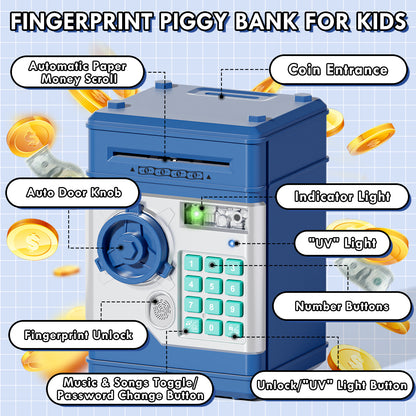 Piggy Bank Toy with Password and Fingerprint Unlocking Simulation, Automatic Electronic Piggy Bank with Music for Kids, Cash Coin Can ATM Bank for 3 4 5 6 7 8 9 Year Old Boys Girls - Blue