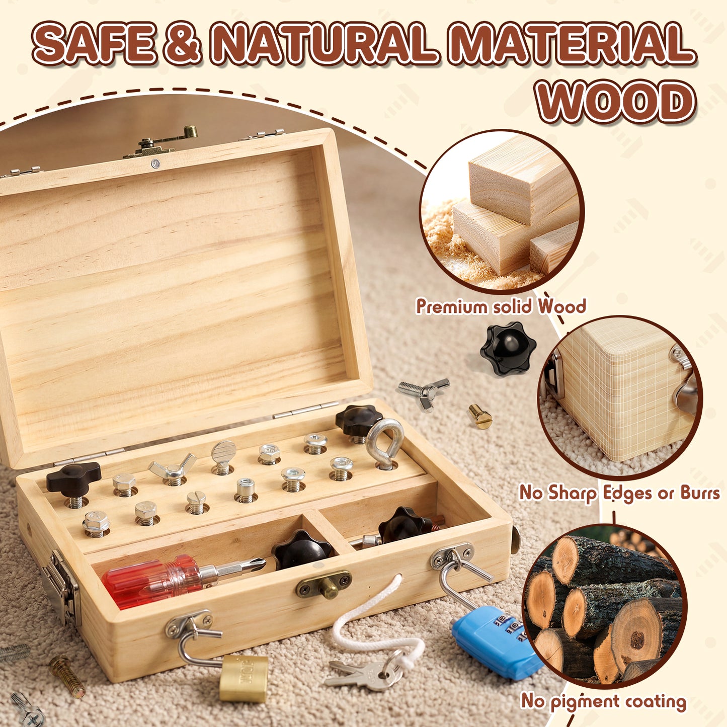 Montessori Busy Board, Montessori Toys for 3 Year Old, Portable Busy Board with Lock and Key for 3 4 5 Year Old Kids, Wooden Kids Tool Set with Storage Box, Preschool Learning Toys
