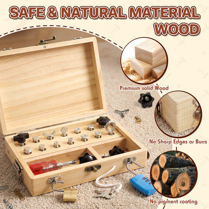 Montessori Busy Board, Montessori Toys for 3 Year Old, Portable Busy Board with Lock and Key for 3 4 5 Year Old Kids, Wooden Kids Tool Set with Storage Box, Preschool Learning Toys