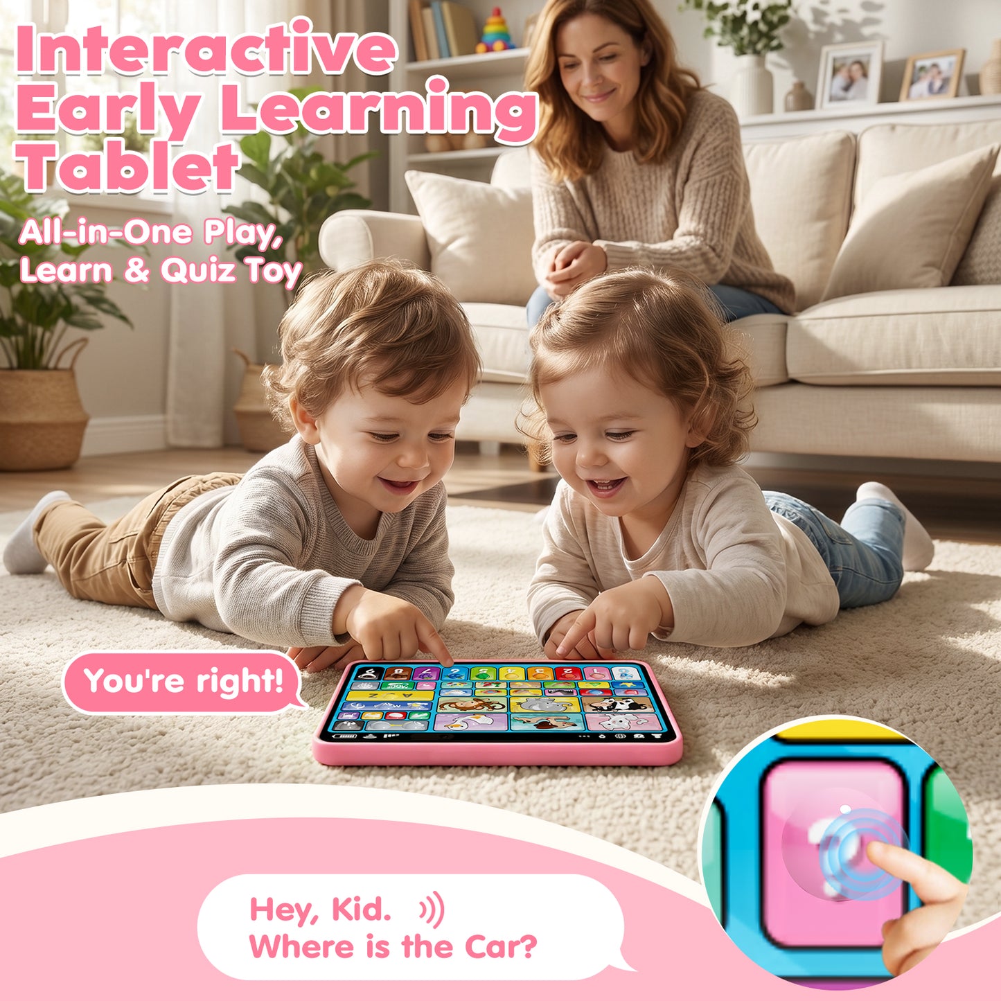 Learning Toys for Toddlers 1 3, Trilingual Learning Tablet with Music and Lights, Montessori Speech Therapy Toys, Education Learning Toys for Kids Ages 1-3 - Pink
