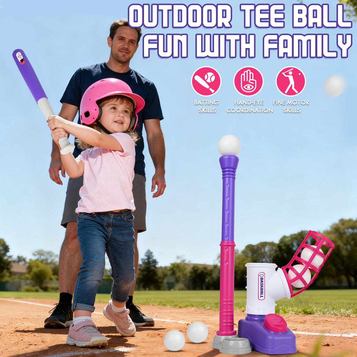 T Ball Set Toys, Baseball Sports & Outdoors Toy with 6 Balls & Auto Baseball Launcher, T Ball Set for 2 3 4 5 Year Old - Pink
