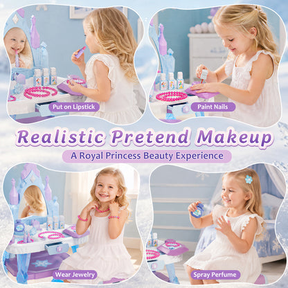 Toddler Vanity Makeup Table Toy with Mirror & Chair, Kids Vanity Set with Light & Music, Pretend Play Princess Dress Up Vanity Set, Gifts for 4 Year Old Girls