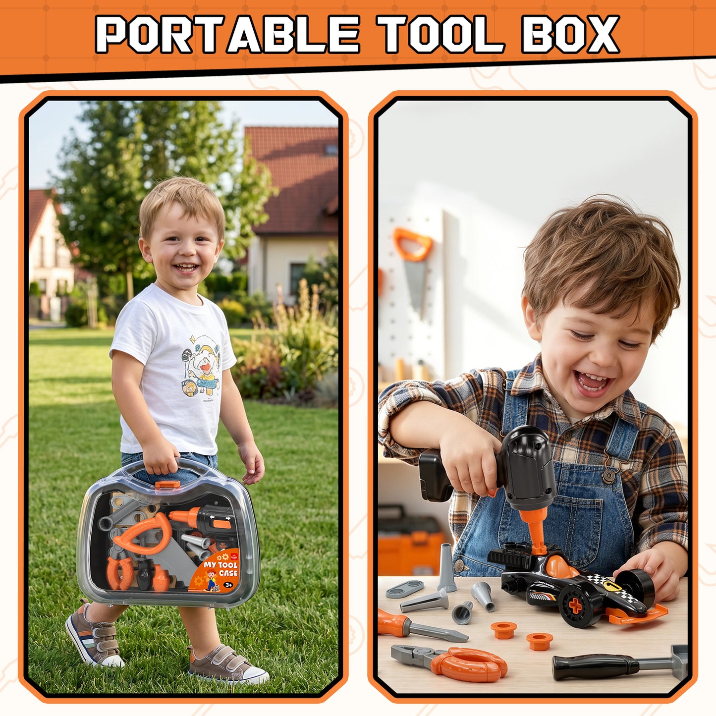 Kids Tool Set for Boys 2-4, Kids Tool Set with Carrying Case & Toy Drill & Racing Car, Montessori Stem Educational Pretend Play Construction Toy, Toys for 3 Year Old Boys Birthday Gifts - Orange