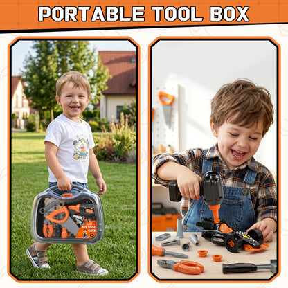 Kids Tool Set for Boys 2-4, Kids Tool Set with Carrying Case & Toy Drill & Racing Car, Montessori Stem Educational Pretend Play Construction Toy, Toys for 3 Year Old Boys Birthday Gifts - Orange