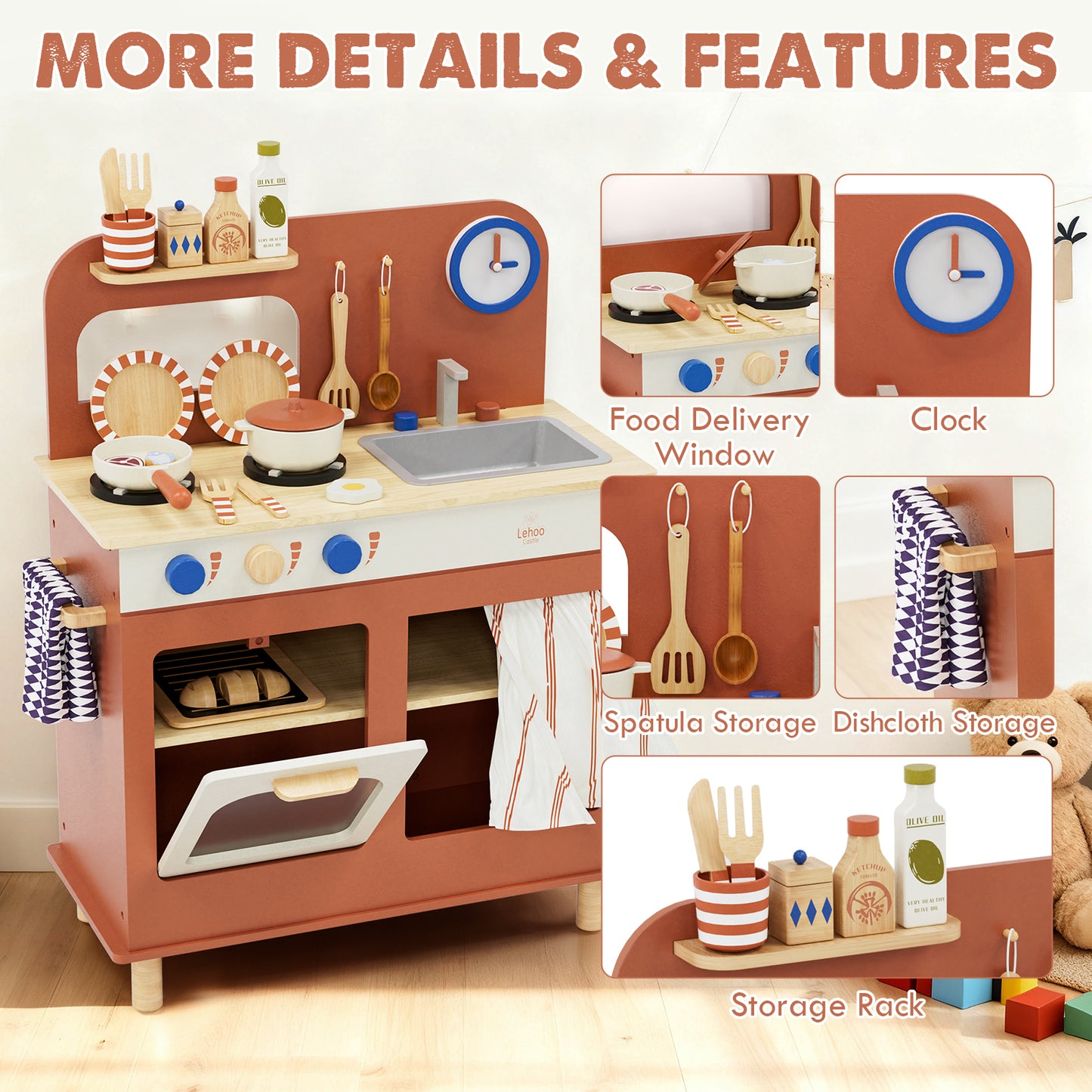 Play Kitchen, Kids Wooden Kitchen Play Set with Cutting Play Food, Pretend Play Stove + Play Sink + Oven, Toy Kitchen Set for 2 3 4 Years Old Girls Boys, Best Birthday Christmas Gifts