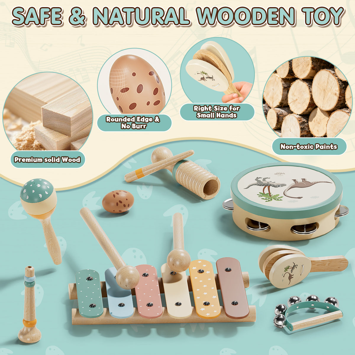 Musical Instruments for Kids, 1 Year Old Toys, Baby Musical Toys for 1 2 3 Toddler, Wooden Musical Toys with Xylophone & Tambourine, Dinosaur Toys, Montessori Learning Toys for 1 Year Old