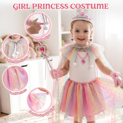 Princess Dress Up for Girls Ages 3-6, Pink Rainbow Princess Costume Set with Cape, Gloves, Crown, Wand & Jewelry, Pretend Play Dress Up Clothes, Birthday Christmas Gifts for Toddler Girls