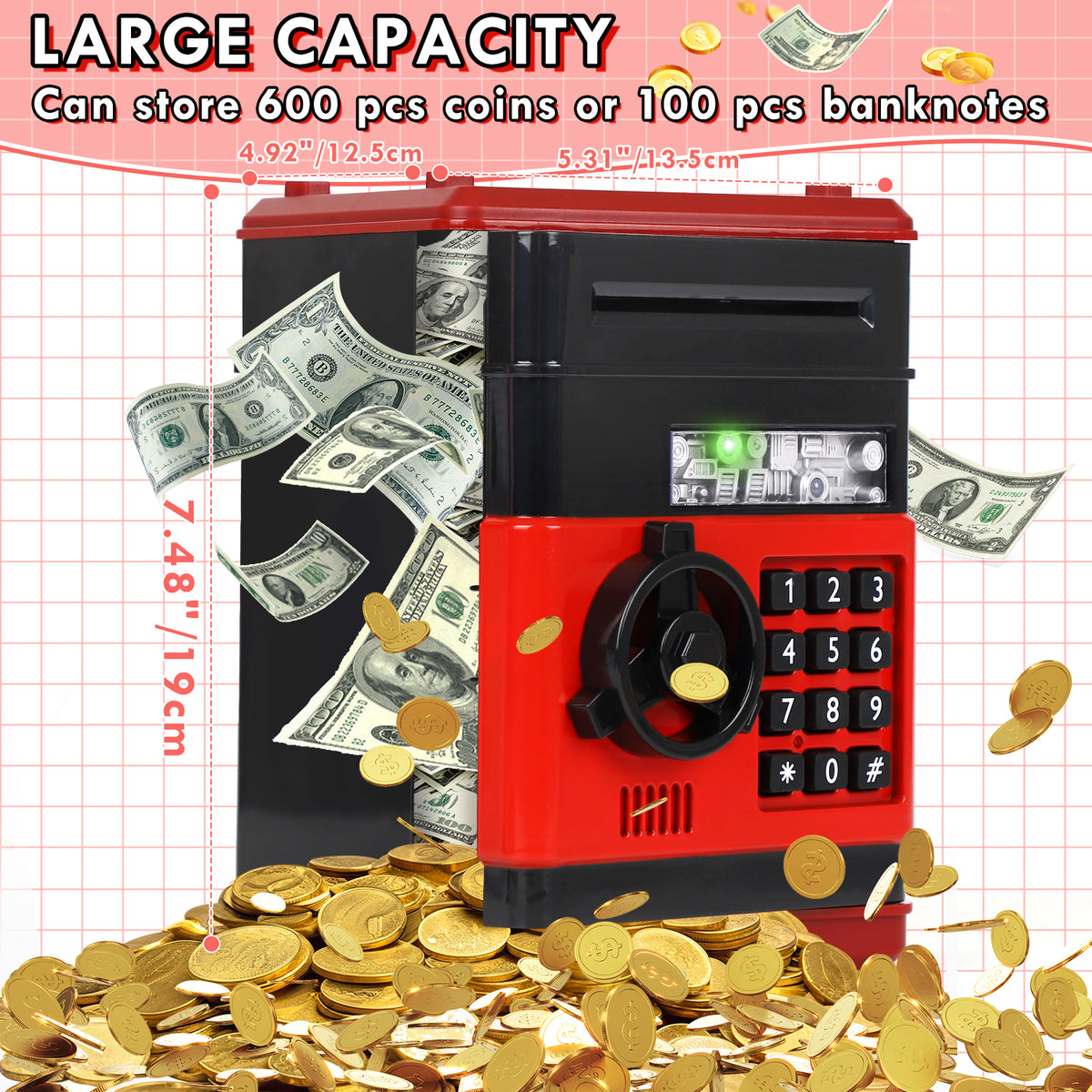Piggy Bank for Kids Girls Boys, Large Electronic Money Saving Box with Password Protection, Automatic Paper Money Scroll - Red