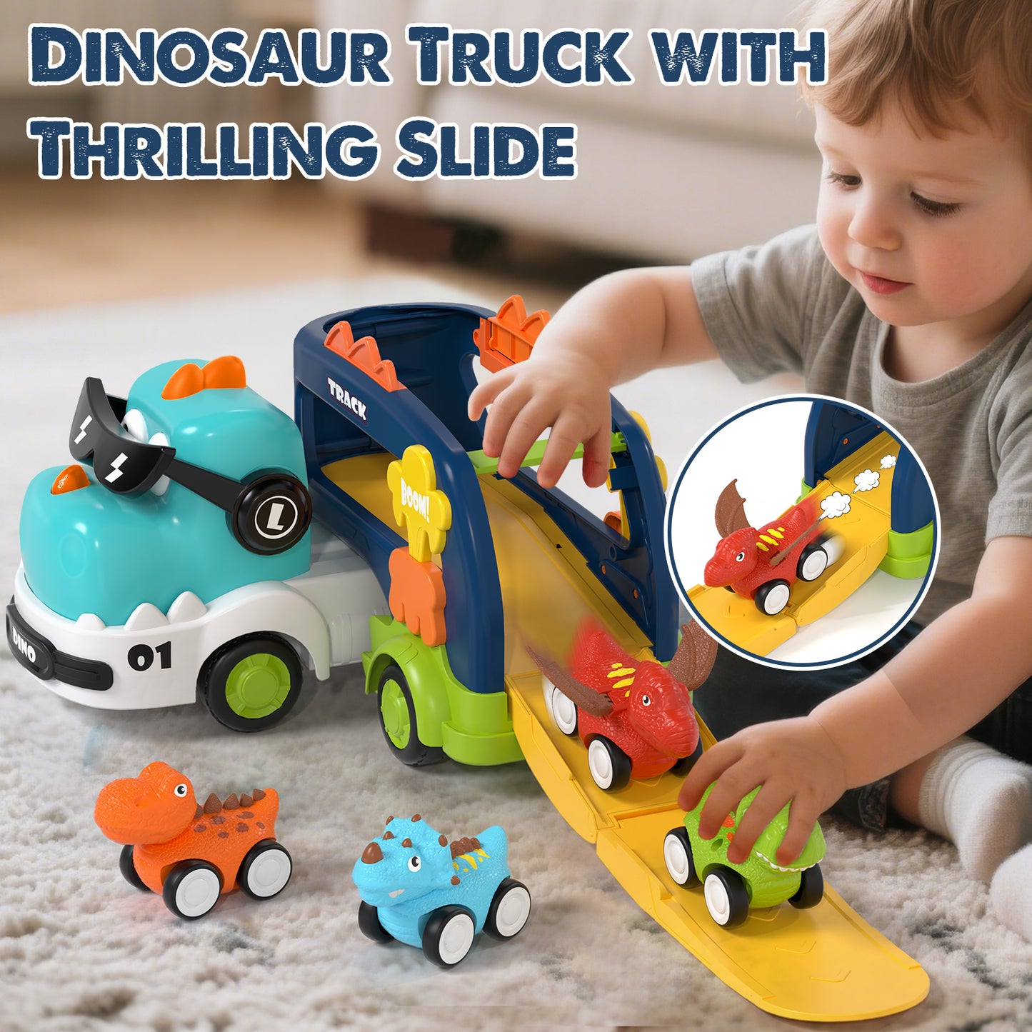 Toys for 2 Year Old Boys, Toddler Dinosaur Truck with Sounds & Lights, Toys Cars Set with Race Track, Pull Back Cars Baby Toys, Toys for Boys 2 to 4 Years Old, Best Birthday Christmas Gifts