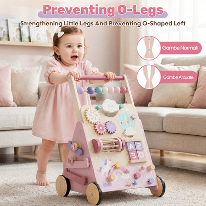 Baby Walker, Wooden Baby Push Walker with Activity Center, Push Walker Toys for Toddler Learning to Walk & Sit-to-Stand, Walking Toys for 1 Year Old