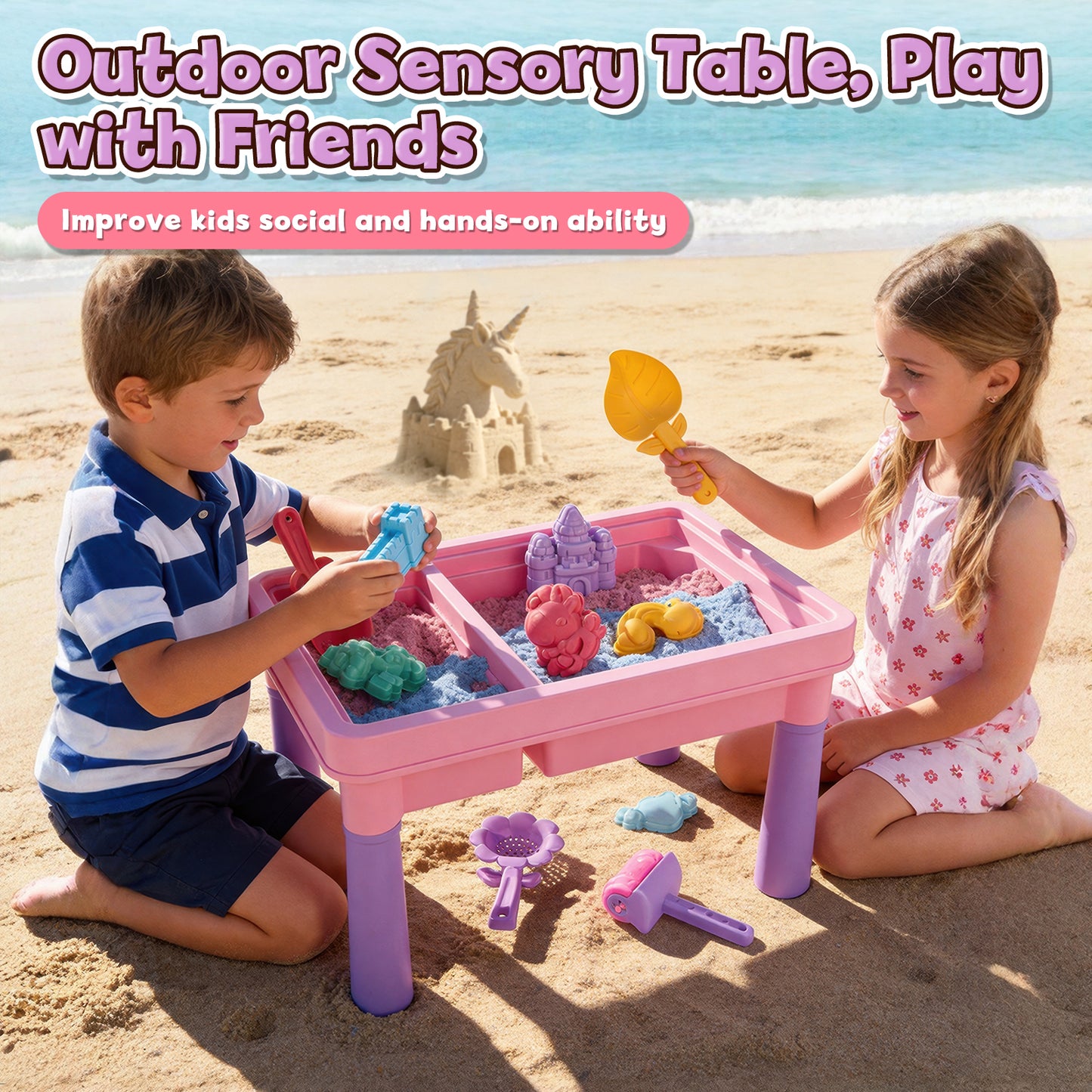 Sensory Table with Sands, Sand Table and Water Play Table Beach Toy for Kids, Indoor Outdoor Use, Sensory Toys for Toddler Age 3-5