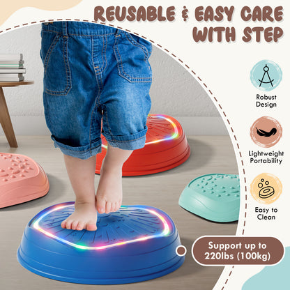 Stepping Stones for Kids, Upgraded Support Bones, 5 Pcs Non-Slip Balance Stepping Stones with Light & Music, Up to 220 lbs, Coordination Skills Sensory Toys, Outdoor Toys for Kids Ages 4 8
