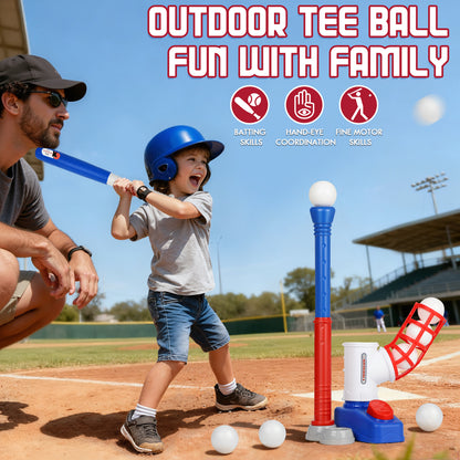 T Ball Set Toys, Baseball Sports & Outdoors Toy with 6 Balls & Auto Baseball Launcher, T Ball Set for 2 3 4 5 Year Old - Blue