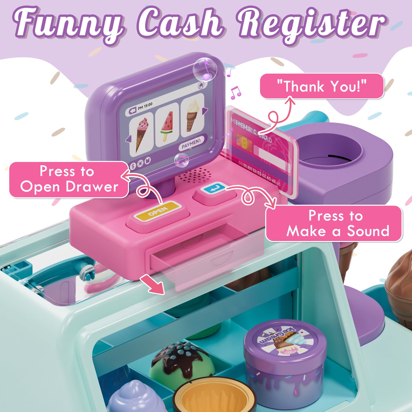 Ice Cream Toys for Toddlers 3-5, Pretend Play Food Toys for Girls, Ice Cream Counter Playset, Ice Cream Shop Toys for Kids, Include Checkout Counter with POS, Best Birthday Christmas Gift for Girls
