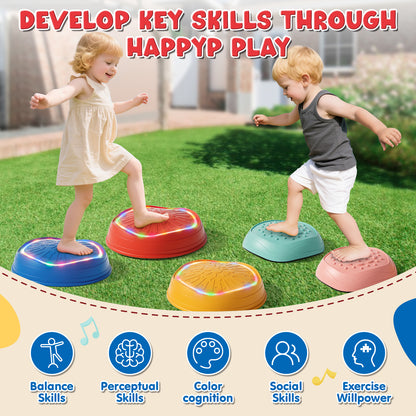 Stepping Stones for Kids, 5pcs Non-Slip Stepping Stones with Light & Music, Toddler Coordination Sensory Game, Upgraded Support Bones, Up to 220 lbs, Stepping Stones for Kids 3-5 6-8 Year Old