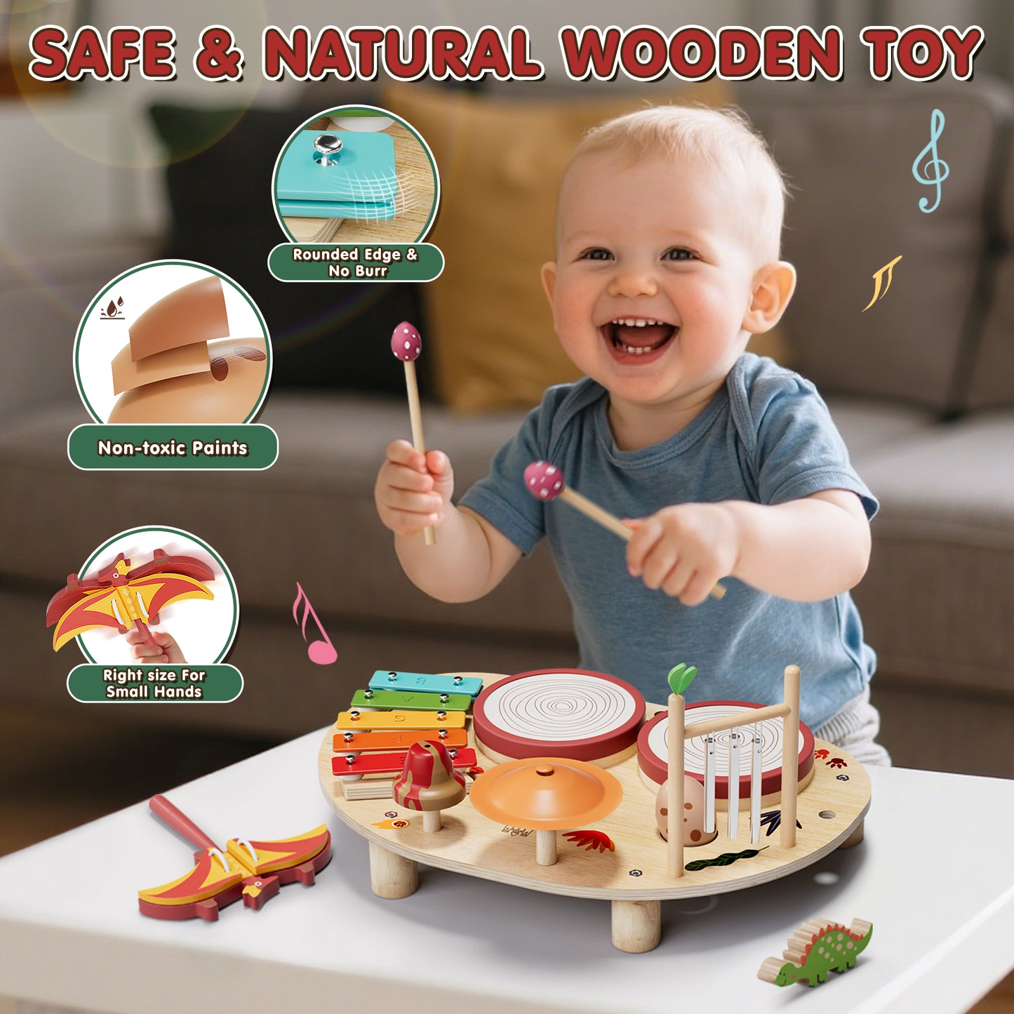 Kids Drum Set, Toys for 1 Year Old, Wooden Musical Instruments for Toddlers, Preschool Educational Xylophone Drum Kit, Montessori Toys for Boys 1-3 Years Old Christmas Birthday Gifts