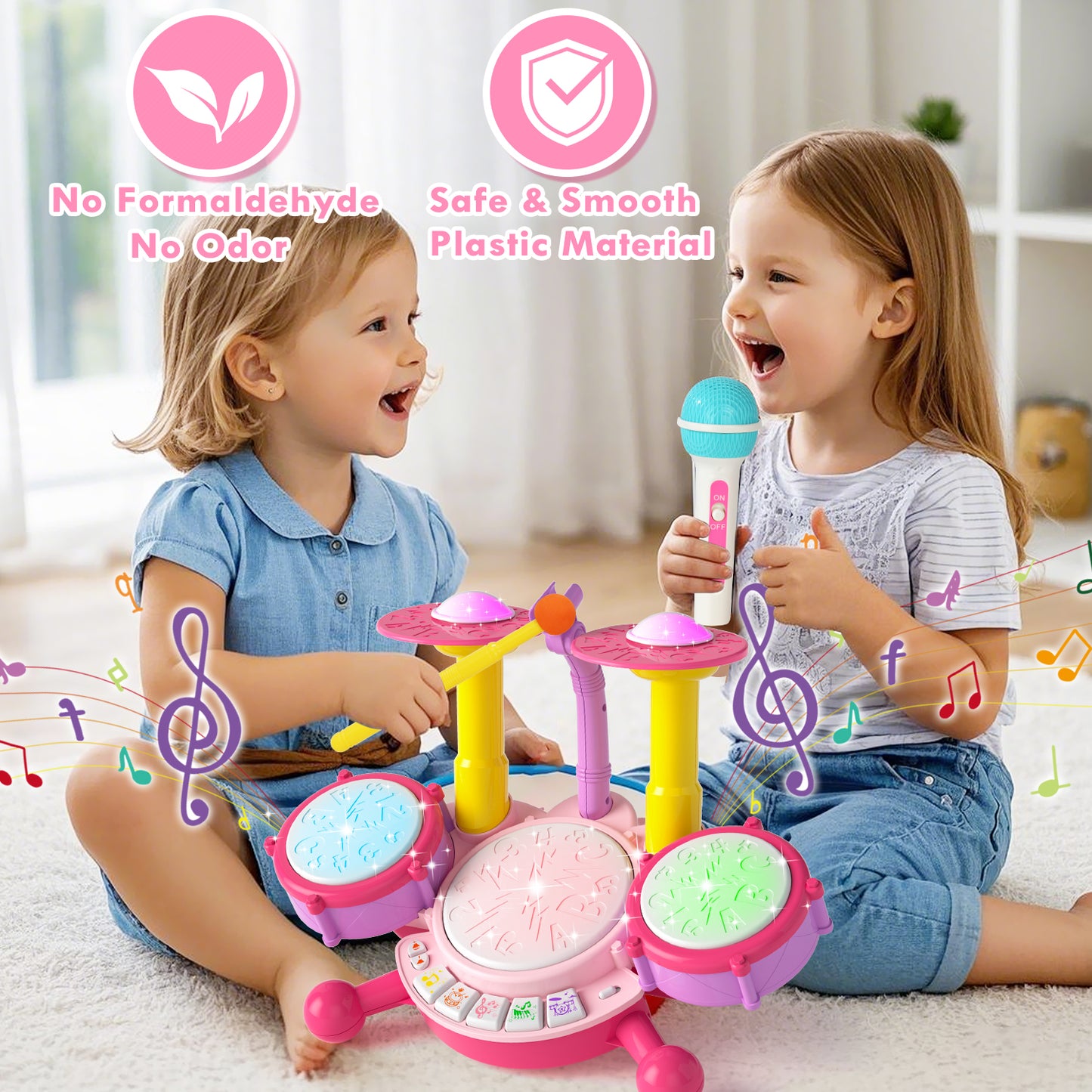 Kids Drum Set, Toddler Drum Set with 2 Drumsticks and Microphone, Kids Musical Toys, Baby Drum Set Toy for 1 2 3 Year Old Boys Girls - Pink