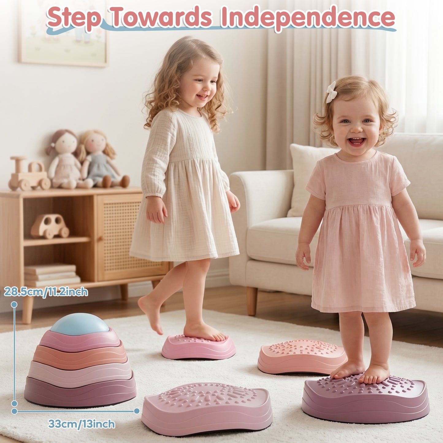 Stepping Stones for Kids, 5Pcs Non-Slip Balance Stepping Stones, Up to 220lbs, Coordination Skills Sensory Toys for Toddlers Ages 2 3 4 5+, Indoor and Outdoor Toys Lawn Games - Pink