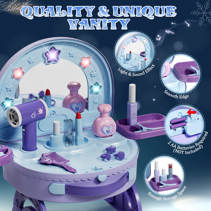Kids Vanity Sets for Girls, Kids Make up Vanity with Mirror & Lights & Music & Pretend Cosmetics, Toddler Portable Vanity Set for Girls, Princess Dress up for Girl 3 4 5 6 Year Old Girls